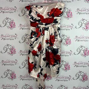 Mystic strapless dress shiny shimmer flowers - Red and Black Floral on Cream